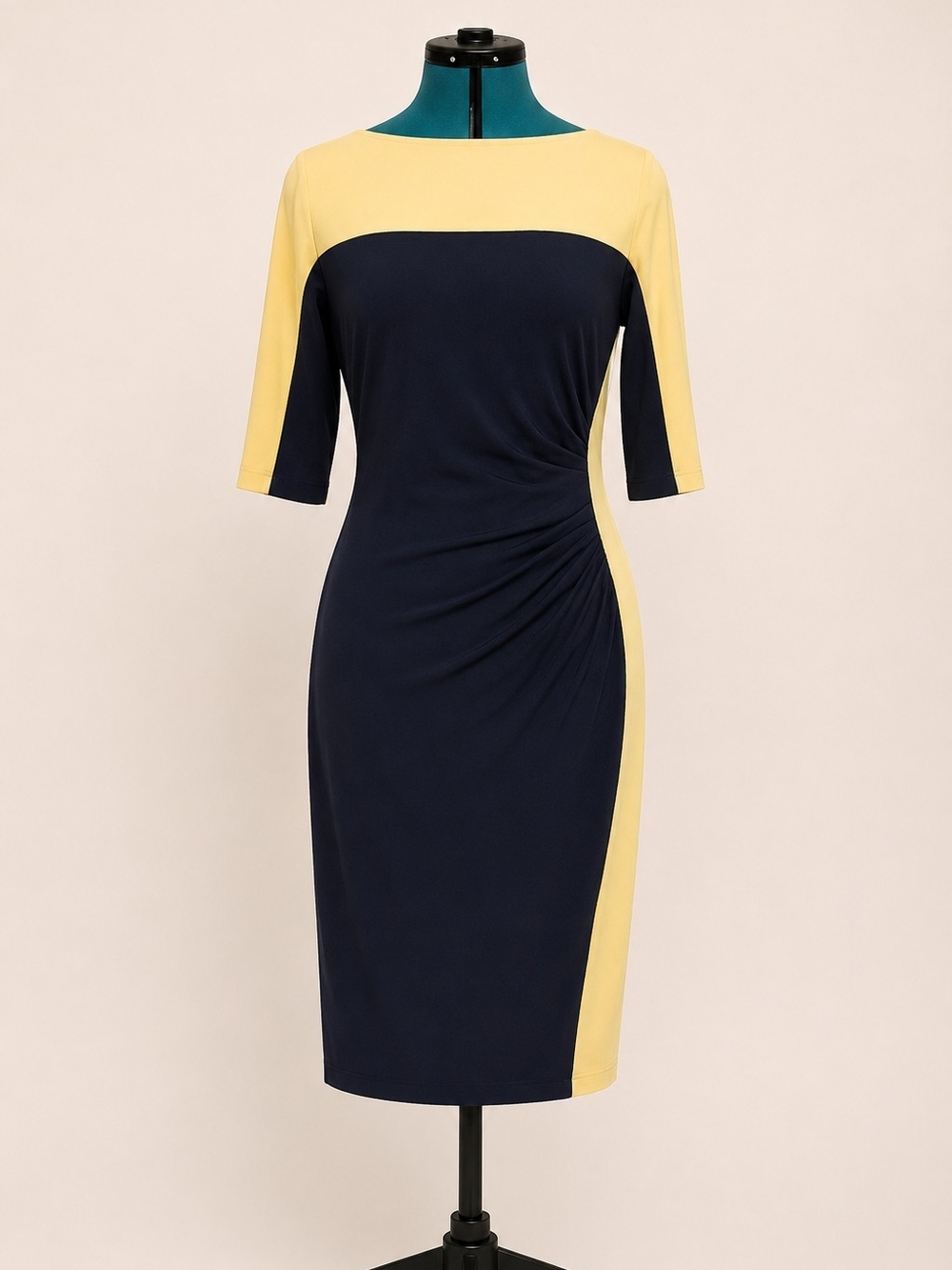 Navy and Yellow Colorblock Sheath Dress